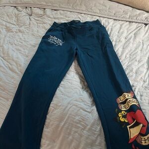 Ed Hardy Teal Track Pants with Graphic Accent